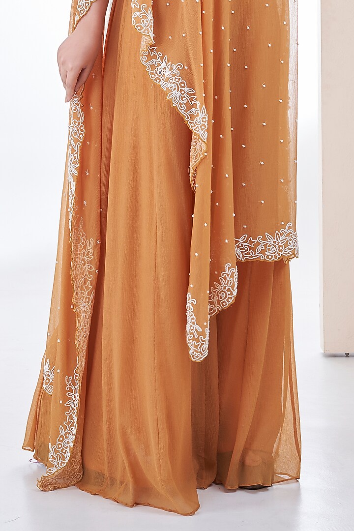Mustard Yellow Chiffon Pearl Embroidered Cape Set by Ojasvini at Pernia's Pop Up Shop