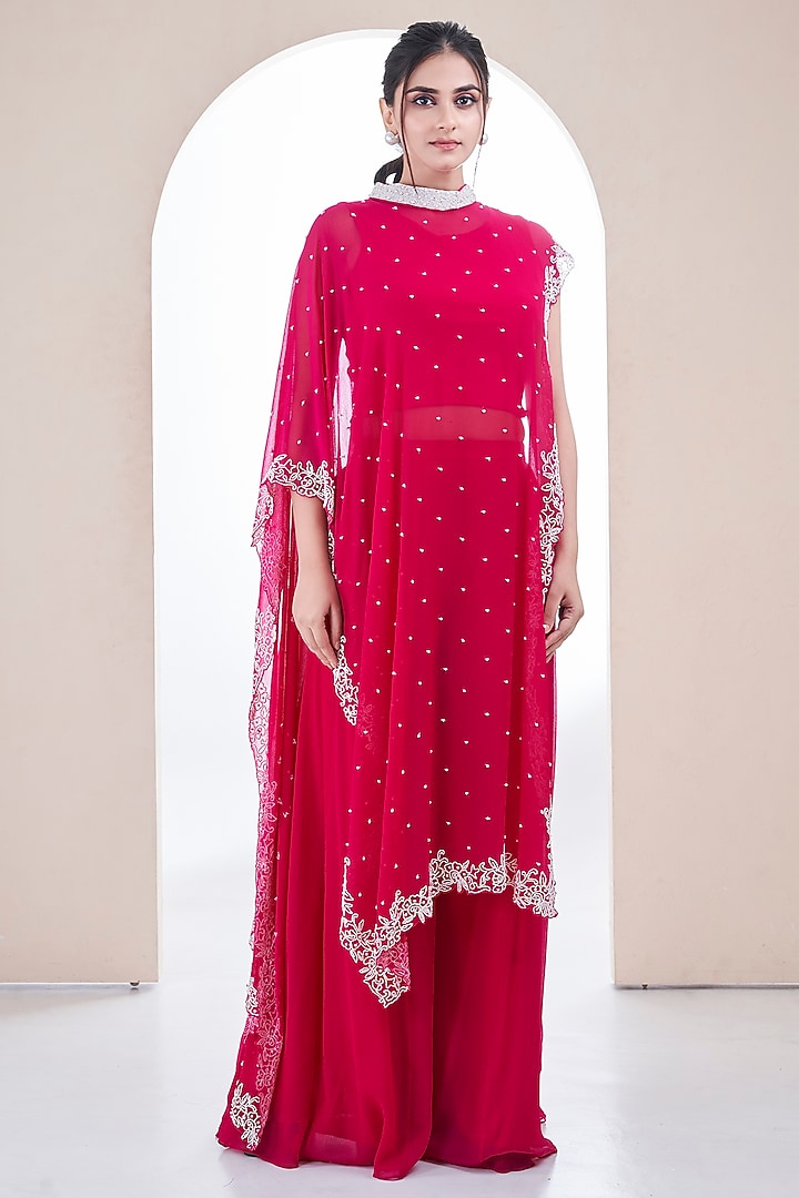 Watermelon Red Chiffon Pearl Embroidered Cape Set by Ojasvini at Pernia's Pop Up Shop