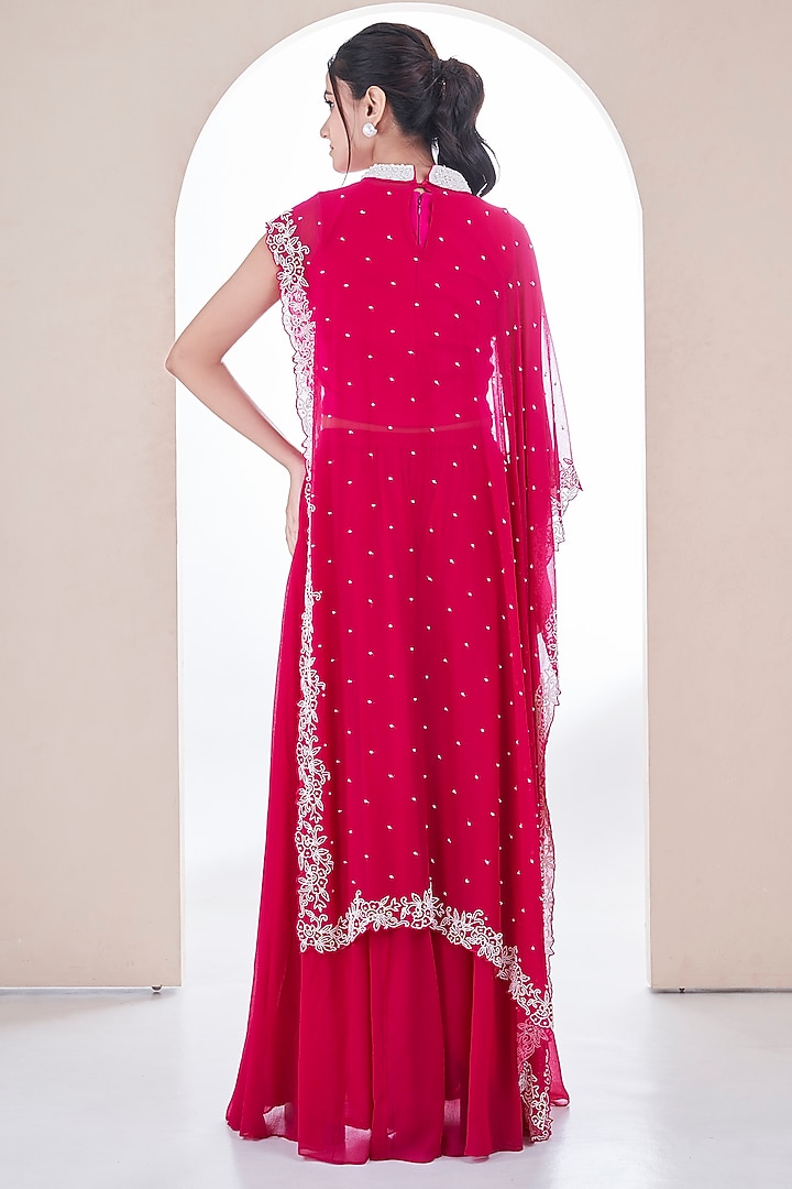 Watermelon Red Chiffon Pearl Embroidered Cape Set by Ojasvini at Pernia's Pop Up Shop