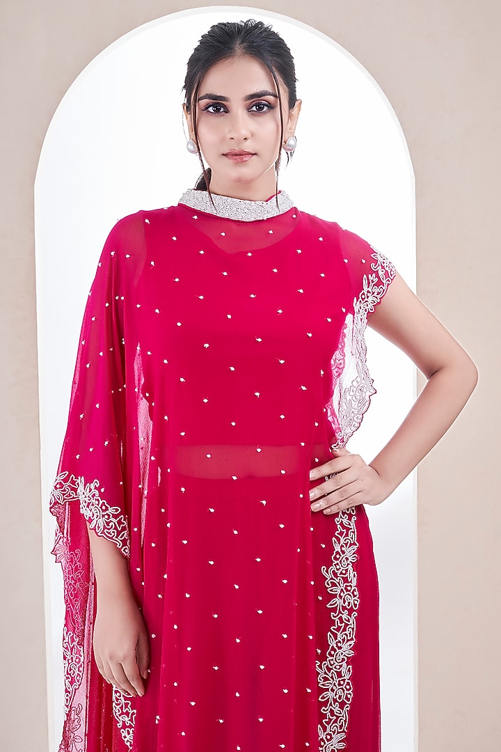 Watermelon Red Chiffon Pearl Embroidered Cape Set by Ojasvini at Pernia's Pop Up Shop