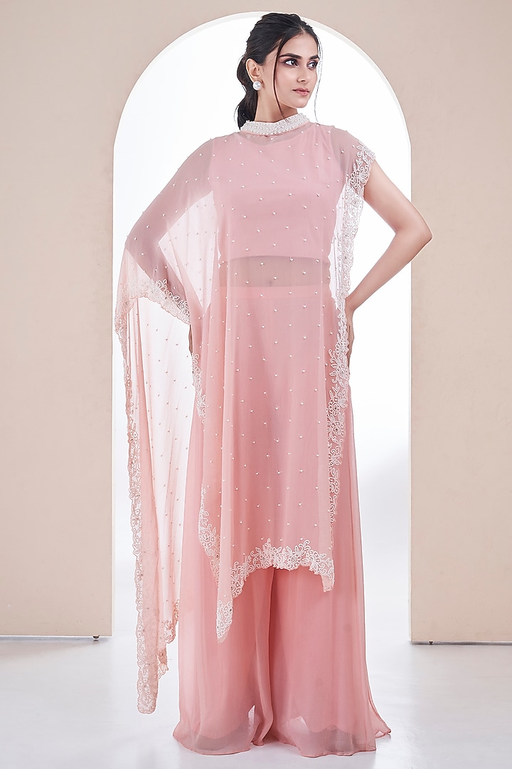 Light Pink Chiffon Pearl Embroidered Cape Set by Ojasvini at Pernia's Pop Up Shop
