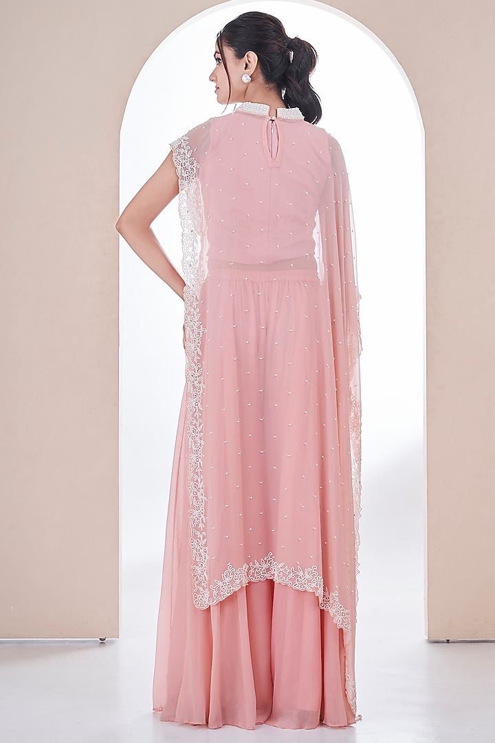 Light Pink Chiffon Pearl Embroidered Cape Set by Ojasvini at Pernia's Pop Up Shop
