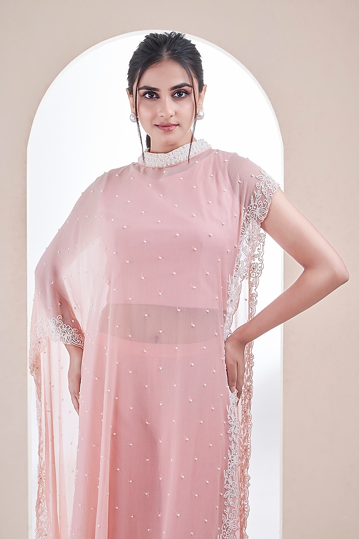 Light Pink Chiffon Pearl Embroidered Cape Set by Ojasvini at Pernia's Pop Up Shop
