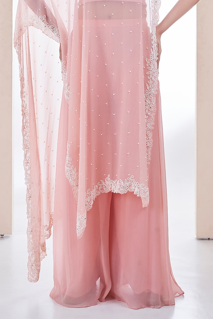 Light Pink Chiffon Pearl Embroidered Cape Set by Ojasvini at Pernia's Pop Up Shop