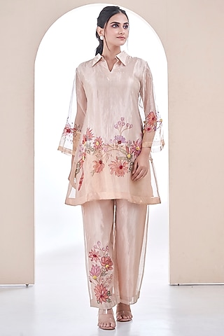 Light Gold & Silver Tissue Organza Floral Hand Painted Kurta Set by Ojasvini