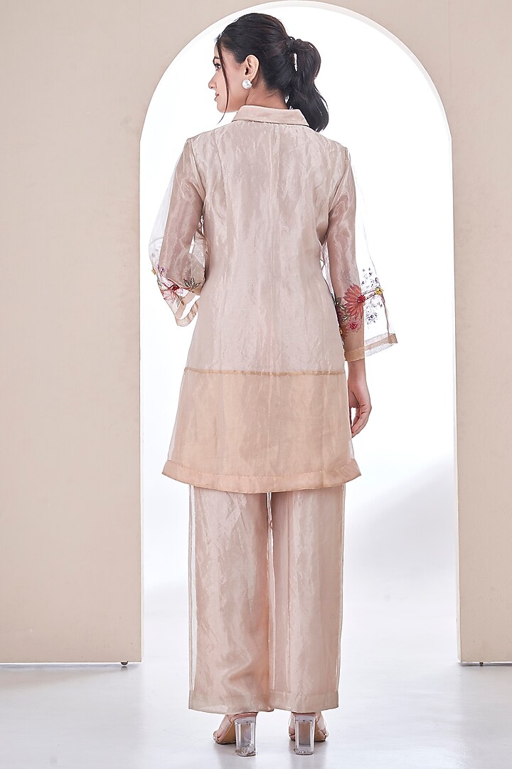 Light Gold & Silver Tissue Organza Floral Hand Painted Kurta Set by Ojasvini at Pernia's Pop Up Shop