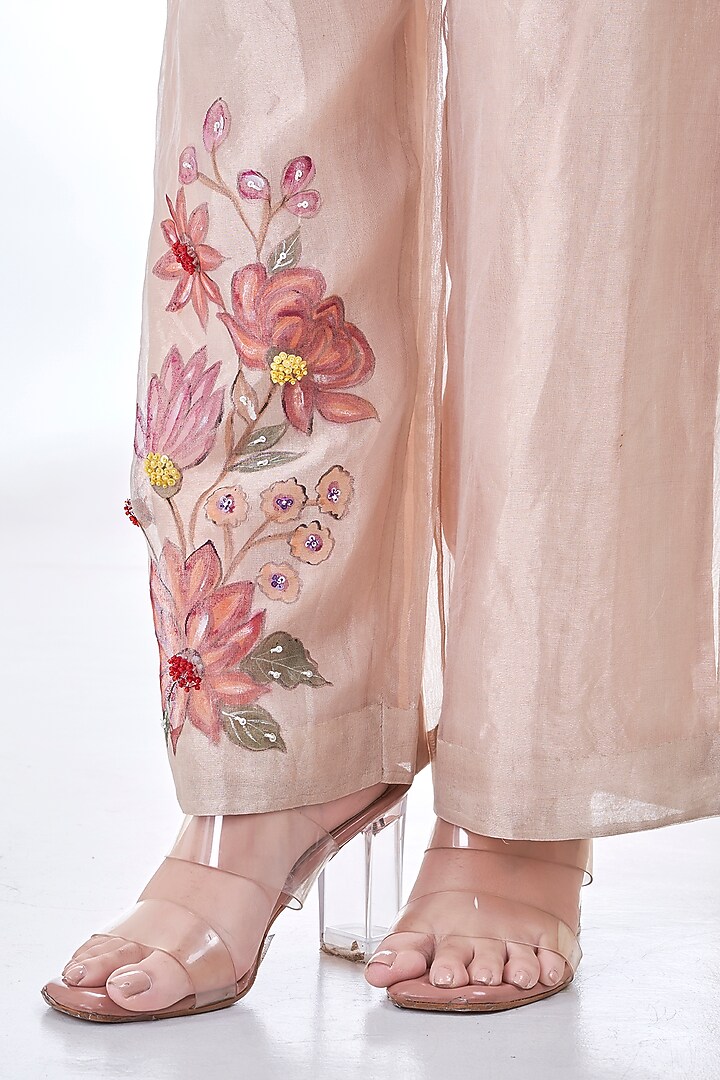 Light Gold & Silver Tissue Organza Floral Hand Painted Kurta Set by Ojasvini at Pernia's Pop Up Shop