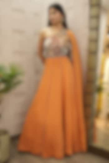 Burnt Orange Silk & Georgette Hand Embroidered Engagement Gown by Ojasvini at Pernia's Pop Up Shop
