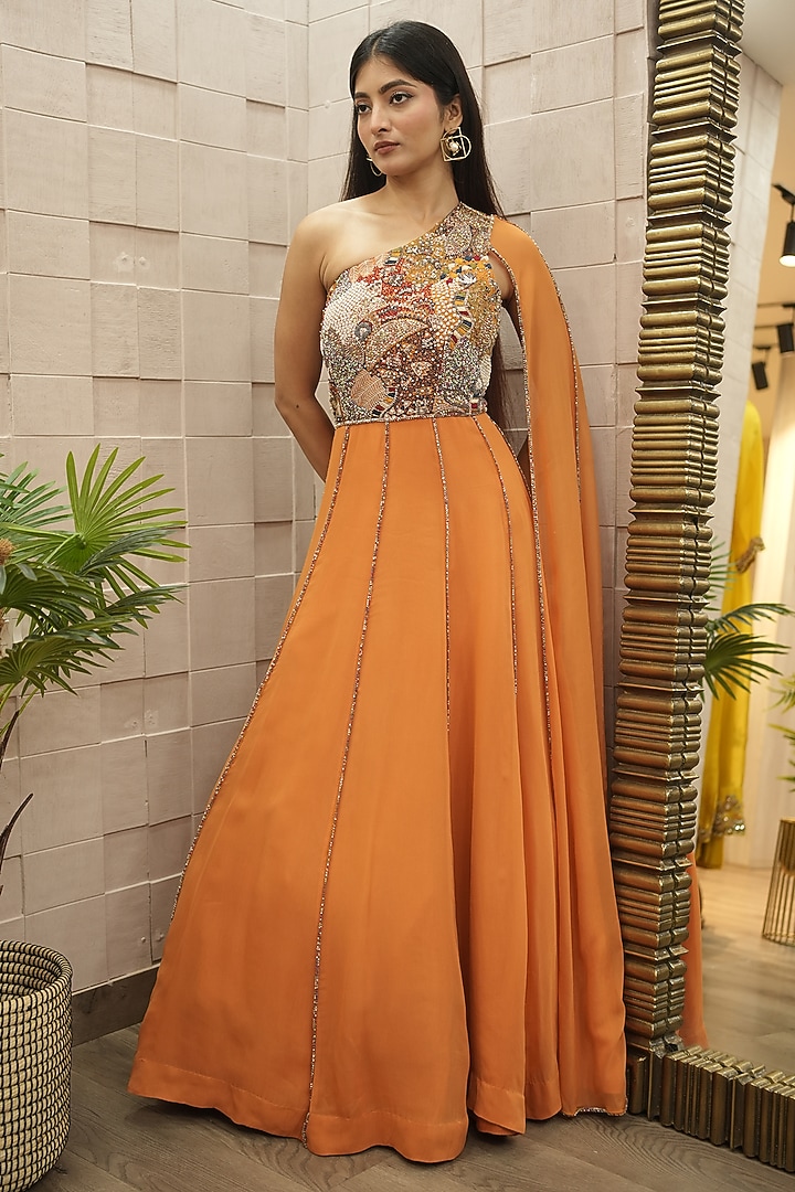 Burnt Orange Silk & Georgette Hand Embroidered Engagement Gown by Ojasvini at Pernia's Pop Up Shop