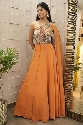 Burnt Orange Silk & Georgette Hand Embroidered Gown by Ojasvini