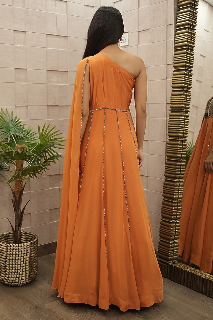 Burnt Orange Silk & Georgette Hand Embroidered Engagement Gown by Ojasvini at Pernia's Pop Up Shop