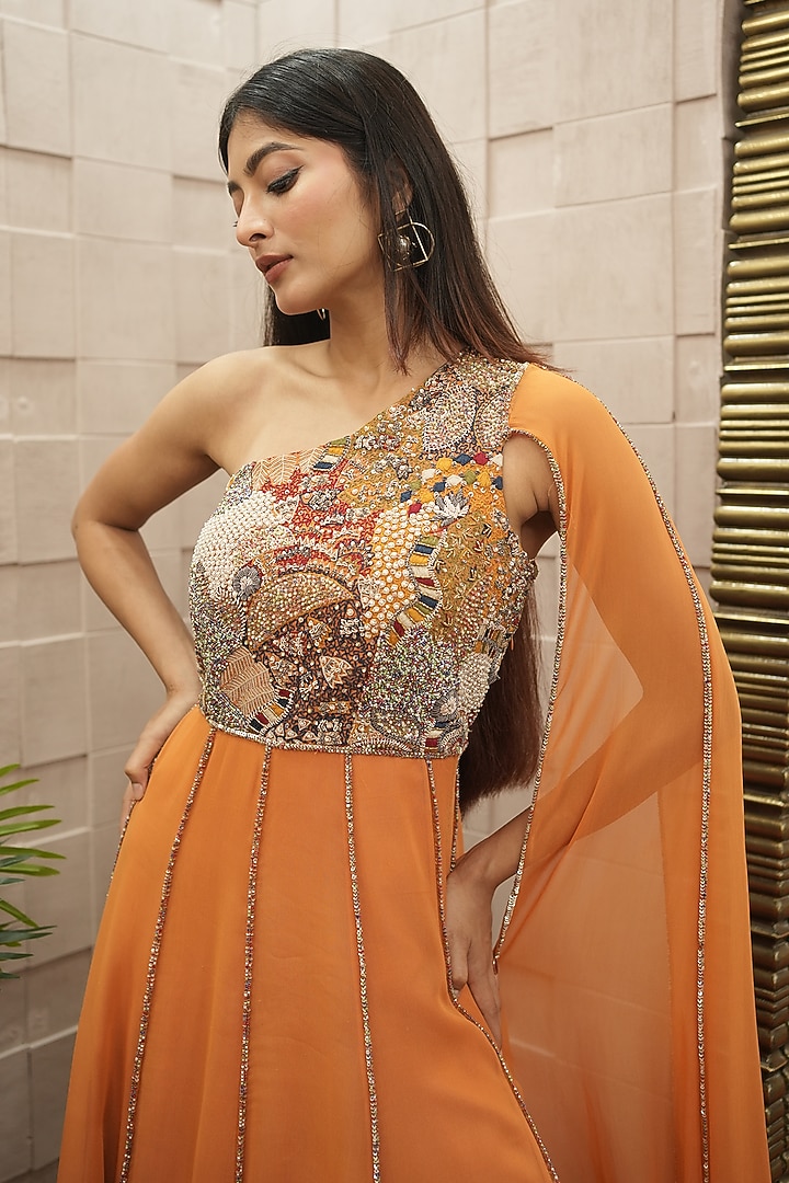 Burnt Orange Silk & Georgette Hand Embroidered Engagement Gown by Ojasvini at Pernia's Pop Up Shop