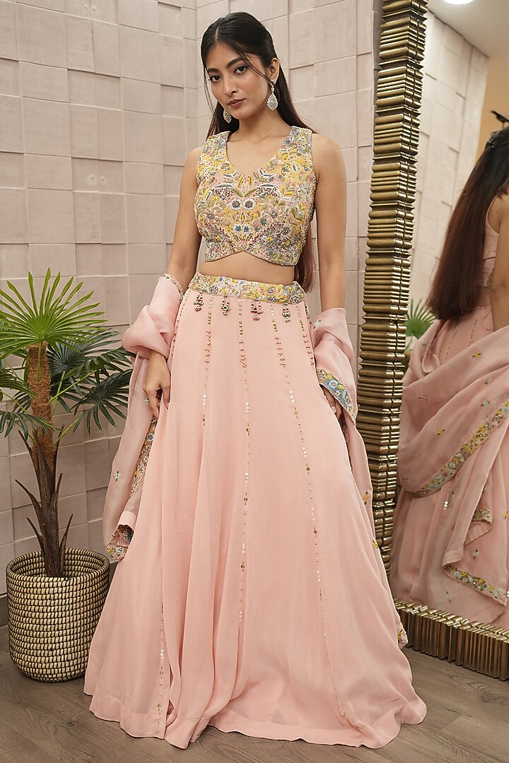 Blush Pink Silk & Georgette Hand Embroidered Wedding Lehenga Set by Ojasvini at Pernia's Pop Up Shop