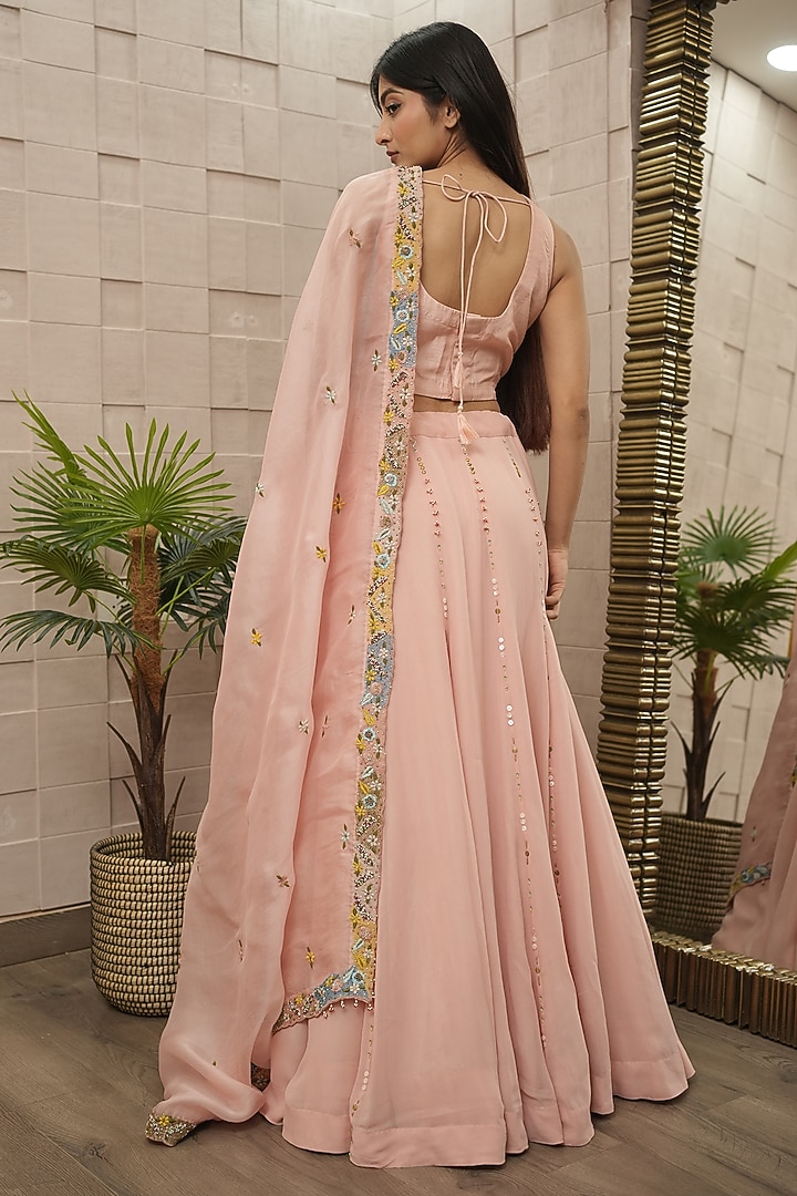 Blush Pink Silk & Georgette Hand Embroidered Wedding Lehenga Set by Ojasvini at Pernia's Pop Up Shop