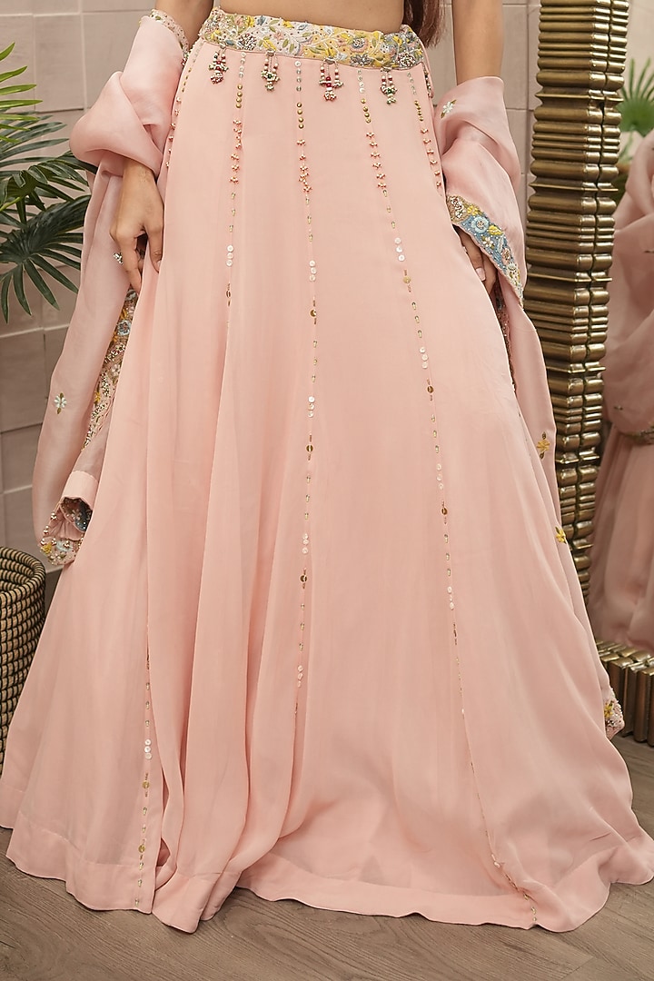 Blush Pink Silk & Georgette Hand Embroidered Wedding Lehenga Set by Ojasvini at Pernia's Pop Up Shop