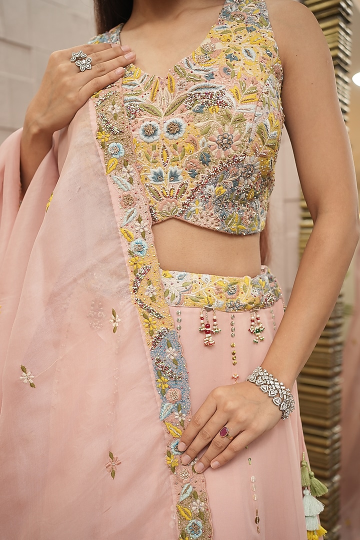 Blush Pink Silk & Georgette Hand Embroidered Wedding Lehenga Set by Ojasvini at Pernia's Pop Up Shop
