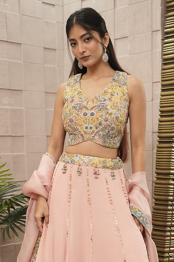 Blush Pink Silk & Georgette Hand Embroidered Wedding Lehenga Set by Ojasvini at Pernia's Pop Up Shop
