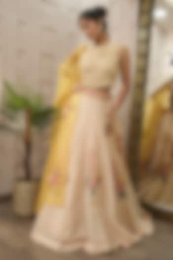 Ivory & Yellow Shimmer Chanderi Hand Painted Wedding Lehenga Set by Ojasvini at Pernia's Pop Up Shop