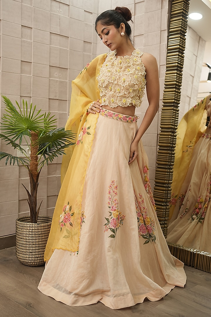 Ivory & Yellow Shimmer Chanderi Hand Painted Wedding Lehenga Set by Ojasvini at Pernia's Pop Up Shop