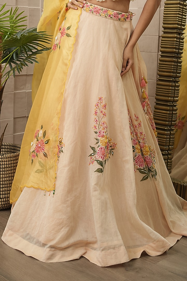 Ivory & Yellow Shimmer Chanderi Hand Painted Wedding Lehenga Set by Ojasvini at Pernia's Pop Up Shop
