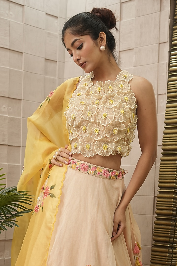 Ivory & Yellow Shimmer Chanderi Hand Painted Wedding Lehenga Set by Ojasvini at Pernia's Pop Up Shop
