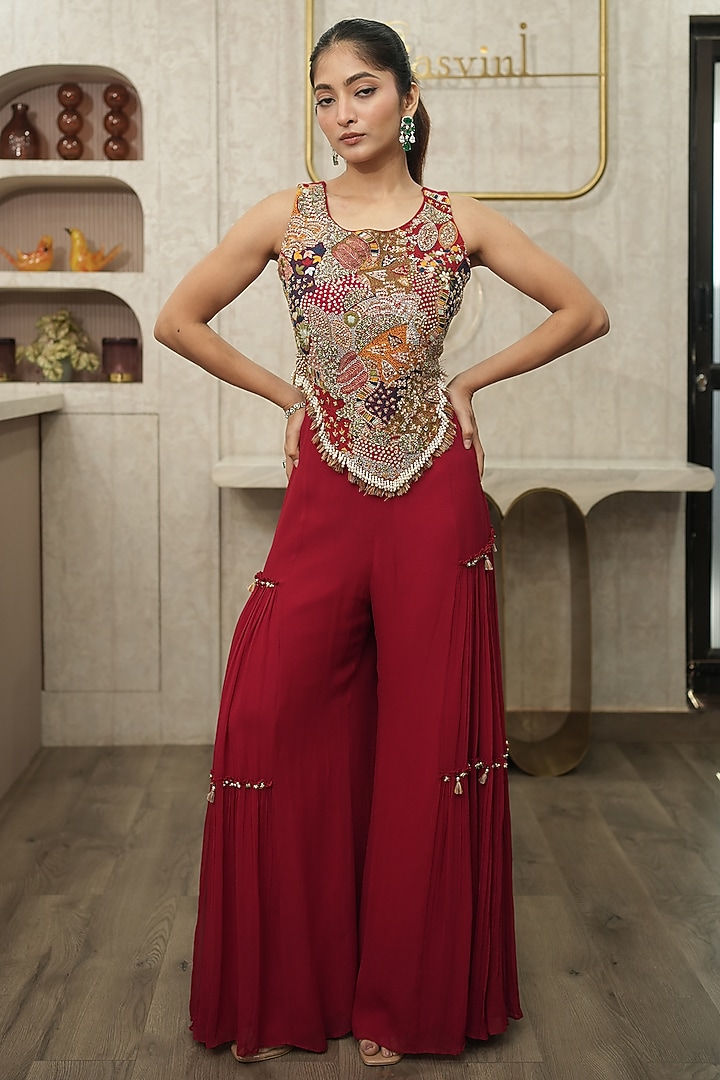 Cherry Red Silk & Georgette Hand Embroidered Co-Ord Set by Ojasvini at Pernia's Pop Up Shop