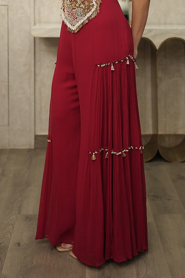Cherry Red Silk & Georgette Hand Embroidered Co-Ord Set by Ojasvini at Pernia's Pop Up Shop
