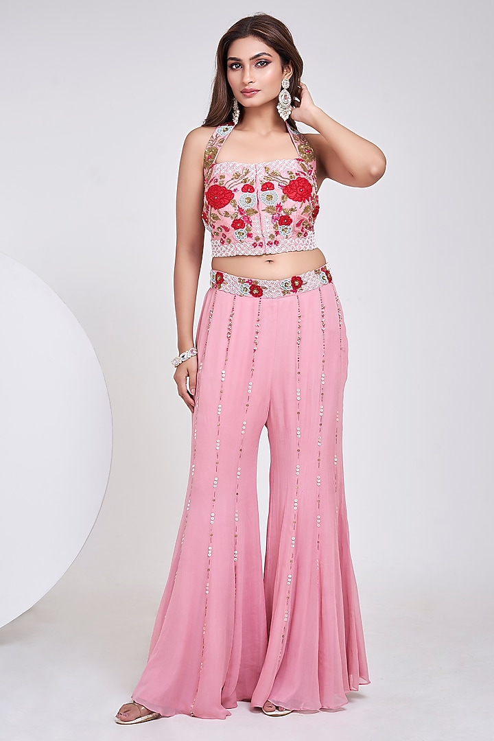 Pink Silk & Georgette Hand Embroidered Co-Ord Set by Ojasvini at Pernia's Pop Up Shop