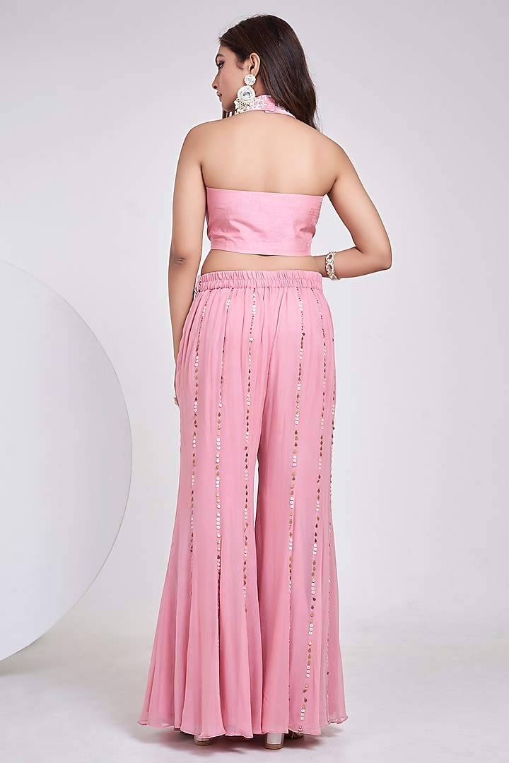 Pink Silk & Georgette Hand Embroidered Co-Ord Set by Ojasvini at Pernia's Pop Up Shop