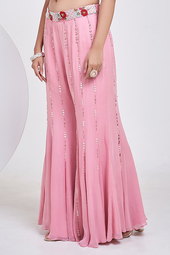 Pink Silk & Georgette Hand Embroidered Co-Ord Set by Ojasvini at Pernia's Pop Up Shop