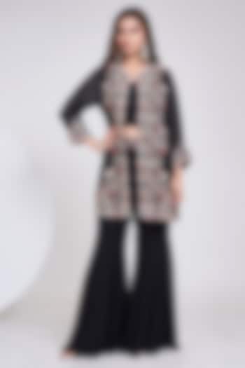 Black Organza Hand Embroidered Jacket Set by Ojasvini at Pernia's Pop Up Shop