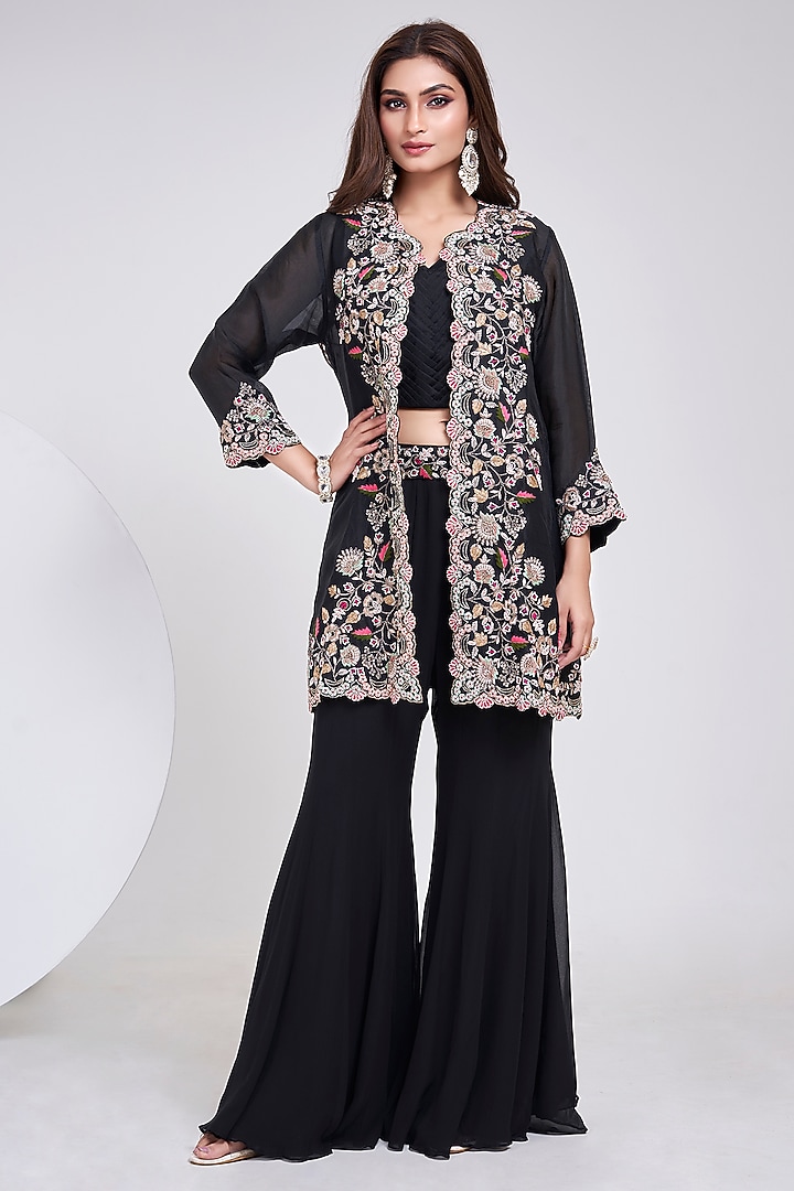 Black Organza Hand Embroidered Jacket Set by Ojasvini at Pernia's Pop Up Shop