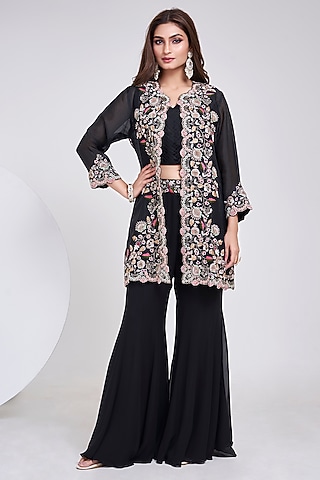 Black Organza Hand Embroidered Jacket Set by Ojasvini