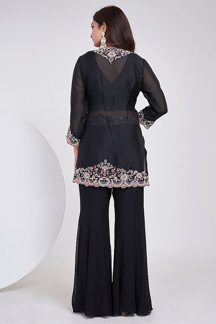 Black Organza Hand Embroidered Jacket Set by Ojasvini at Pernia's Pop Up Shop