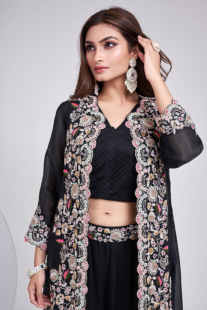 Black Organza Hand Embroidered Jacket Set by Ojasvini at Pernia's Pop Up Shop