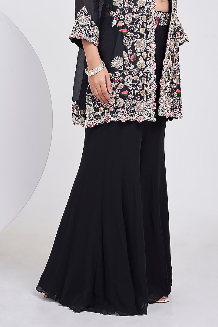 Black Organza Hand Embroidered Jacket Set by Ojasvini at Pernia's Pop Up Shop