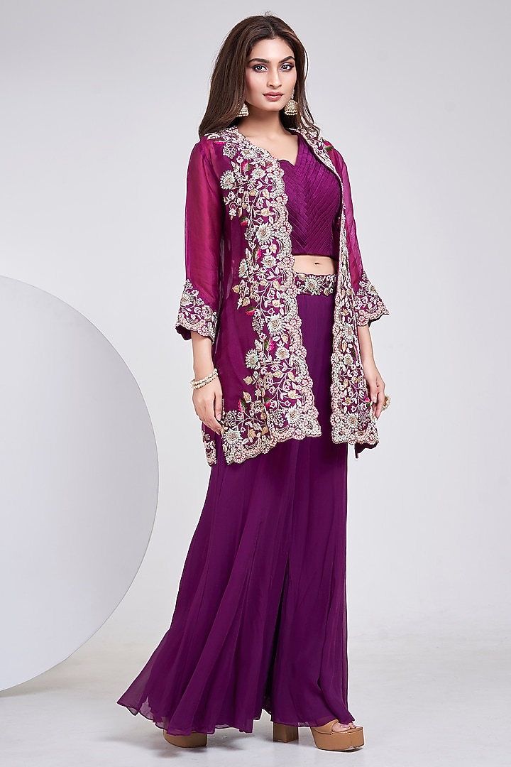 Purple Organza Hand Embroidered Jacket Set by Ojasvini at Pernia's Pop Up Shop