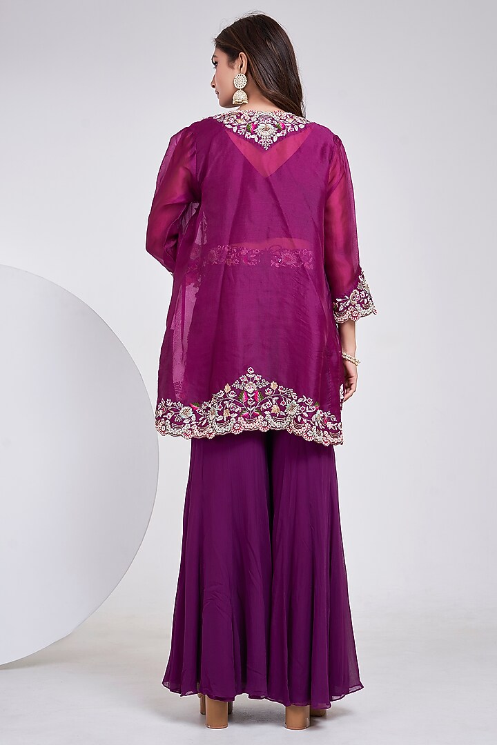 Purple Organza Hand Embroidered Jacket Set by Ojasvini at Pernia's Pop Up Shop