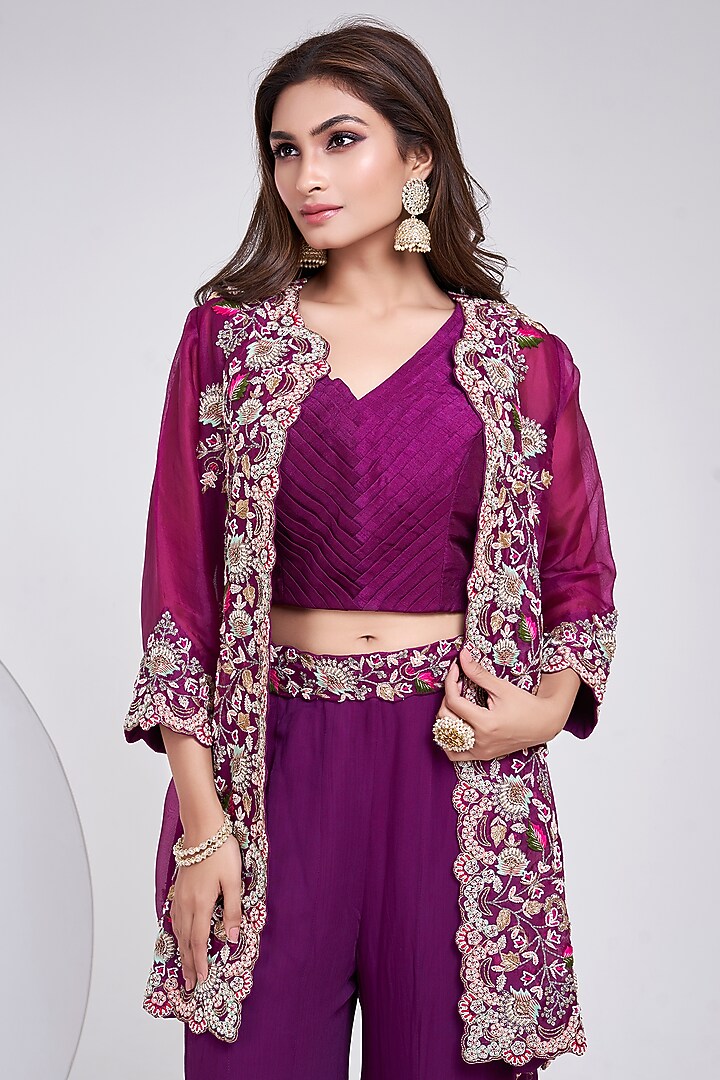 Purple Organza Hand Embroidered Jacket Set by Ojasvini at Pernia's Pop Up Shop