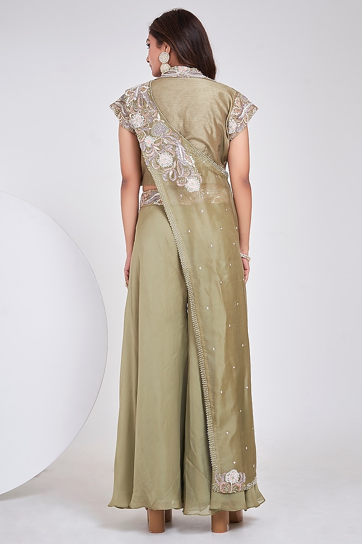Olive Green Silk Hand Embroidered Wedding Sharara Set by Ojasvini at Pernia's Pop Up Shop