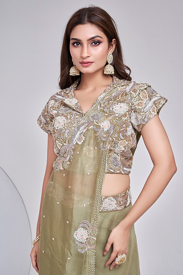 Olive Green Silk Hand Embroidered Wedding Sharara Set by Ojasvini at Pernia's Pop Up Shop