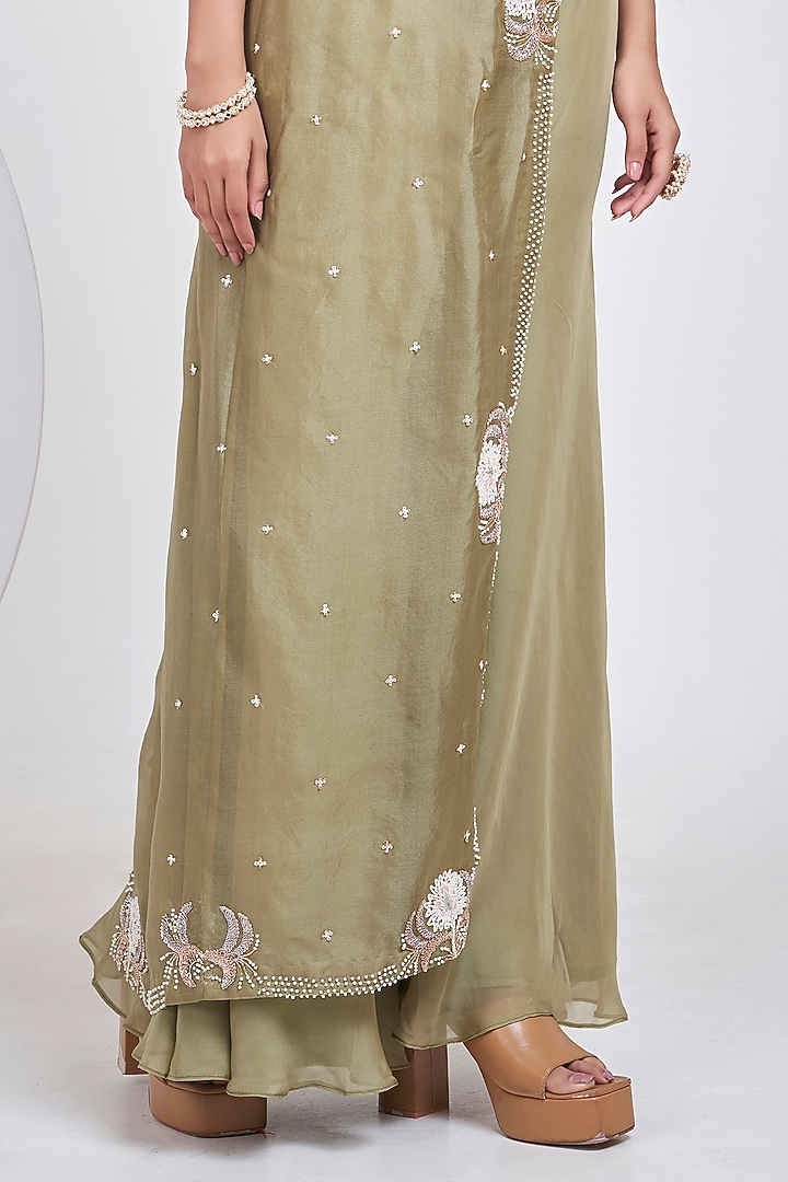 Olive Green Silk Hand Embroidered Wedding Sharara Set by Ojasvini at Pernia's Pop Up Shop