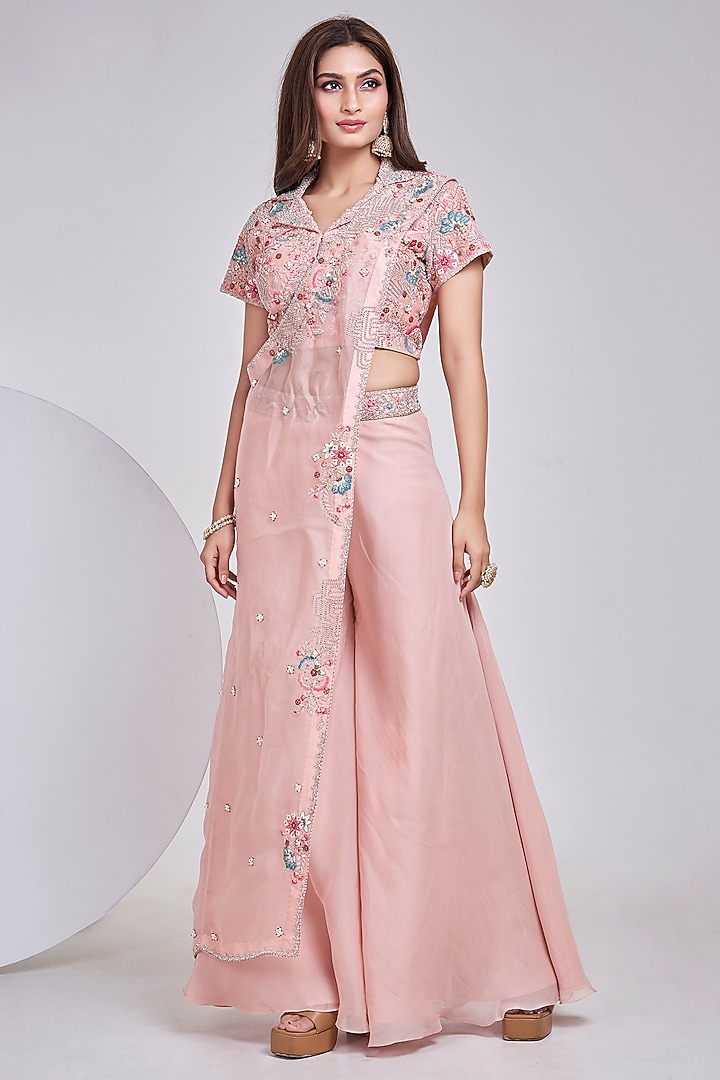 Blush Pink Silk Hand Embroidered Wedding Sharara Set by Ojasvini at Pernia's Pop Up Shop