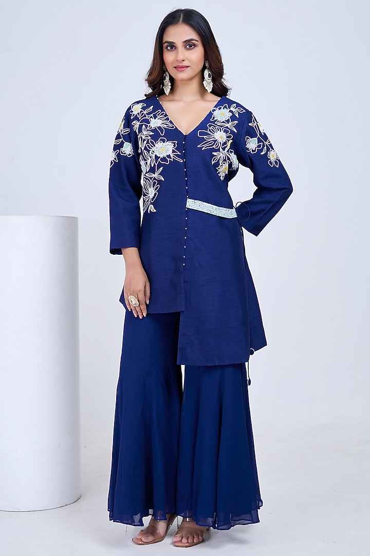 Navy Blue Silk & Georgette Co-Ord Set by Ojasvini at Pernia's Pop Up Shop