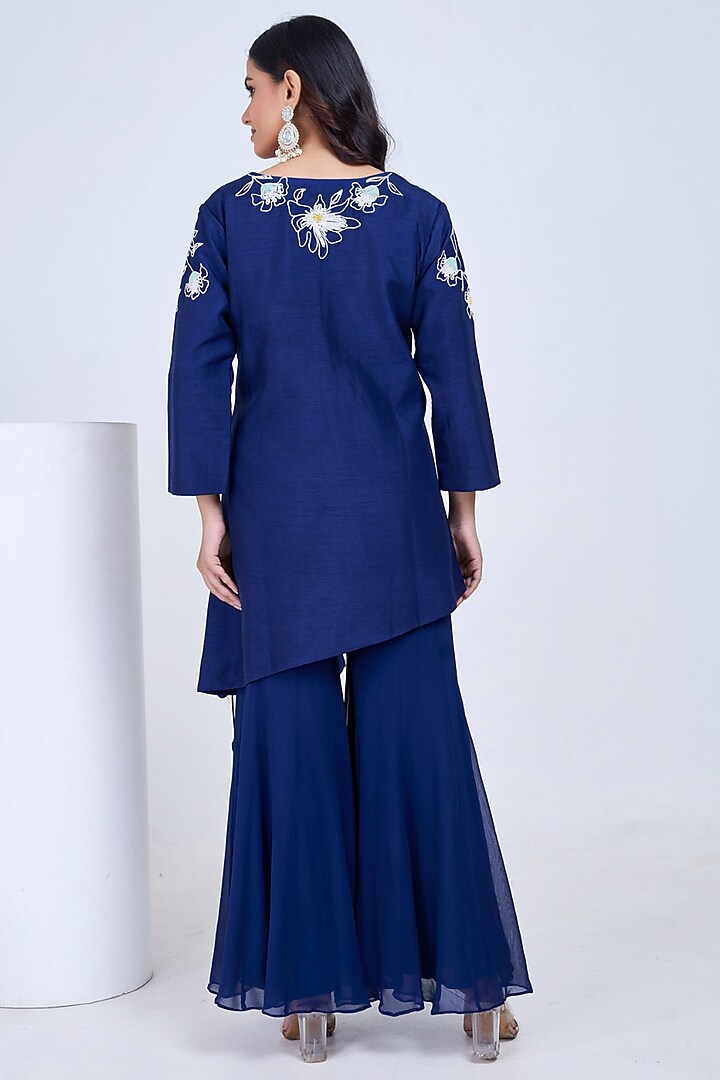 Navy Blue Silk & Georgette Co-Ord Set by Ojasvini at Pernia's Pop Up Shop