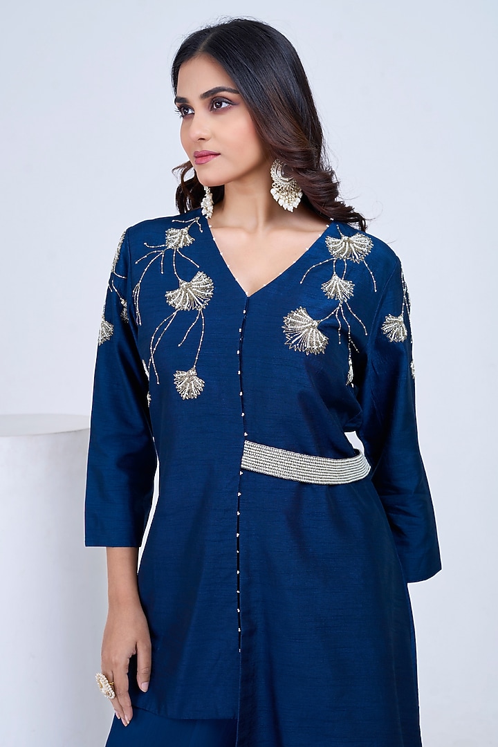 Navy Blue Silk & Georgette Co-Ord Set by Ojasvini at Pernia's Pop Up Shop