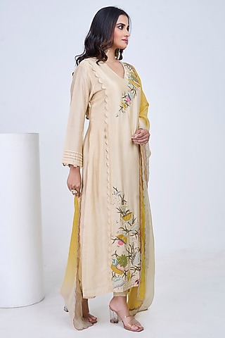 Butter Yellow & Ivory Silk Embroidered Kurta Set by Ojasvini