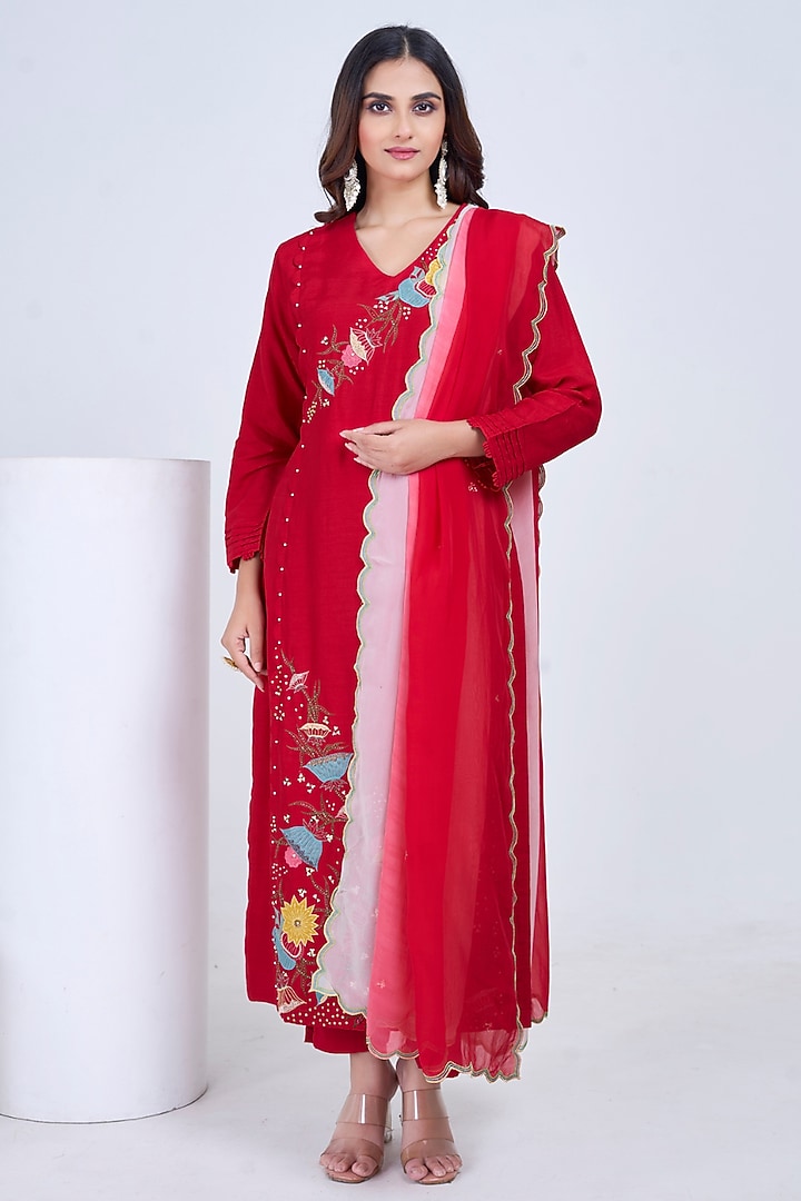 Red & Ivory Silk Embroidered Kurta Set by Ojasvini at Pernia's Pop Up Shop