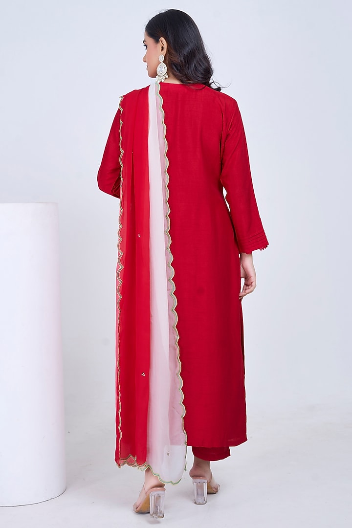 Red & Ivory Silk Embroidered Kurta Set by Ojasvini at Pernia's Pop Up Shop