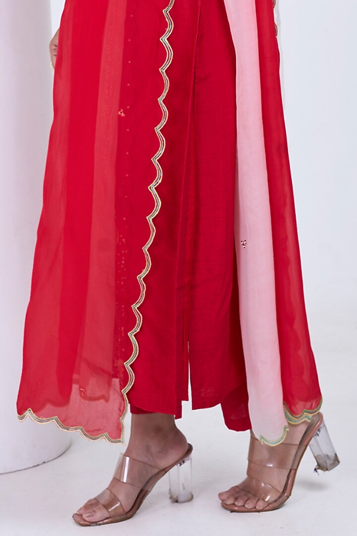 Red & Ivory Silk Embroidered Kurta Set by Ojasvini at Pernia's Pop Up Shop